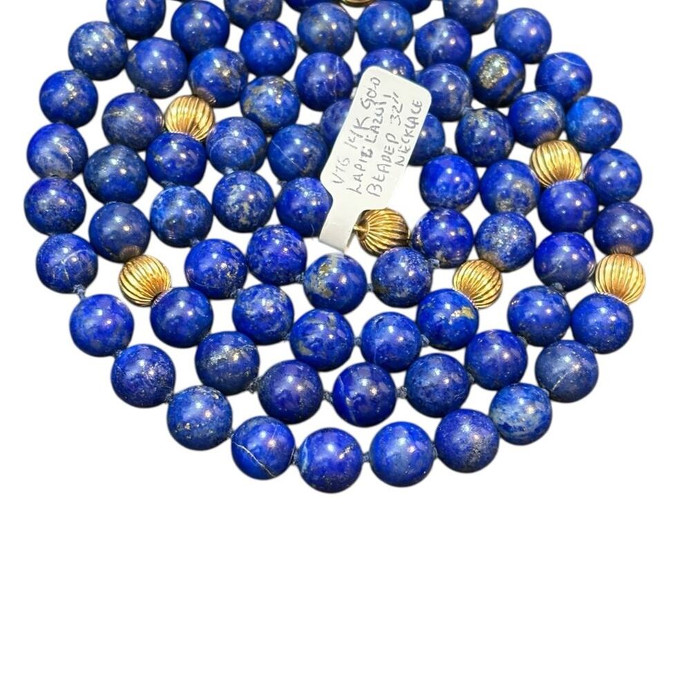 Lapis Lazuli Bead Necklace 32” | 14K Gold Spacers & Clasp | 105g Estate Jewelry